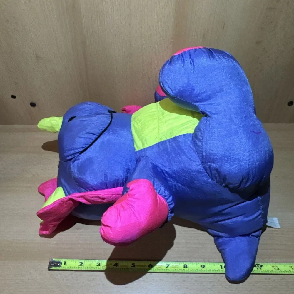 Stuffins 90’s Triceratops Nylon Plush Dinosaur Pink Blue Squeaker Parachute  Vtg
